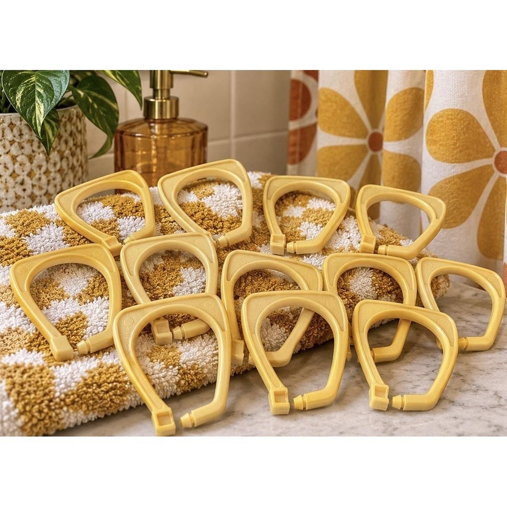 VTG 1970s Shower Curtain Rings Hooks Set 12 Harvest Gold Mustard Retro Bathroom